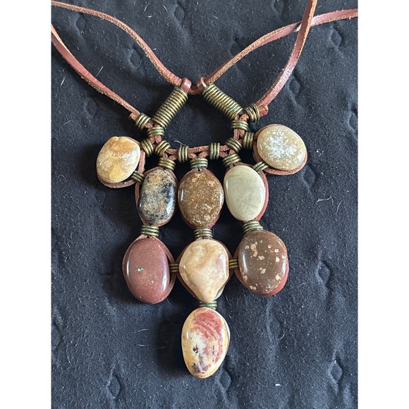 Boho Leather Wrapped Jasper Stone Pendant Necklace Artisan Natural Earthy Rustic